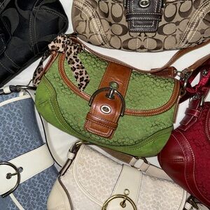 Coach Green Canvas Shoulder Bag with Brown Leather Trim